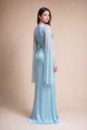 Mariya aquatic blue Luxe Satin gown by Mystic Modesty — three-quarter back with draped cape sleeves and corset-tie waist