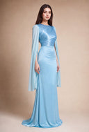 Mariya aquatic blue modest satin evening gown by Mystic Modesty — three-quarter front, ruched bodice and shimmering cape sleeves