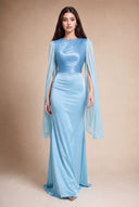 Mariya aquatic blue modest evening gown — walking shot of the floor-length satin dress with cape sleeves, Mystic Modesty