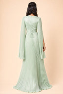 Modest Pleated Satin Gown in Mint Green — full-body back view — non-hijabi styling — Mystic Modesty modest evening wear SS '26.