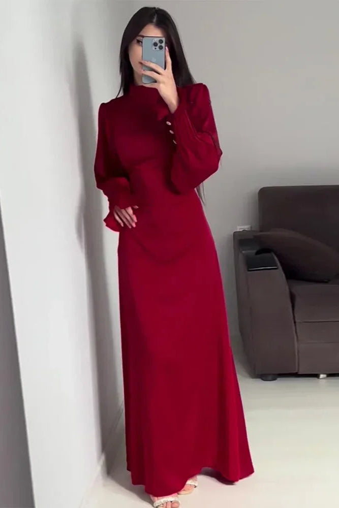 Modest satin maxi dress in Light Blue – Modest Pleated Cuff Satin Maxi Dress with Lace-Up Back