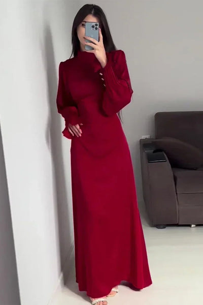 Modest satin maxi dress in Light Blue – Modest Pleated Cuff Satin Maxi Dress with Lace-Up Back