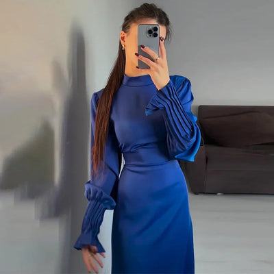Modest satin maxi dress in Light Blue – Modest Pleated Cuff Satin Maxi Dress with Lace-Up Back