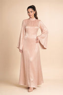Mystic Modesty Camille beige modest evening dress with wide bell sleeves – full-length front view on model