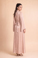 Camille beige velvet dress, three quarter back view showing the floor length cut