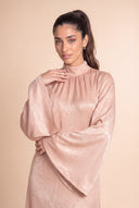 High neck close up on the Camille beige velvet dress