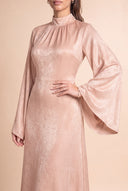 Waist and jewellery detail on the Camille beige velvet evening dress