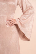 Close up of the smooth short pile velvet on the Camille beige modest dress