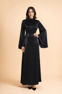 Mystic Modesty Camille black modest evening dress with wide bell sleeves – full-length front view on model