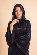 High neck close up on the Camille black velvet dress