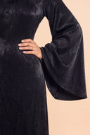 Close up of the smooth short pile velvet on the Camille black modest dress