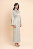 Mystic Modesty Camille light green modest evening dress with wide bell sleeves – three-quarter front angle