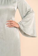 Close up of the smooth short pile velvet on the Camille sage green modest dress