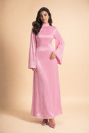 Mystic Modesty Camille pink modest evening dress with wide bell sleeves – full-length front view on model