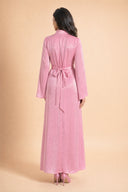 Camille pink modest evening dress, full length back view on model