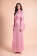 Camille pink modest velvet evening dress, three quarter front view, high neckline