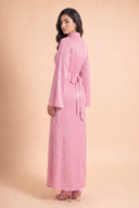 Camille pink velvet dress, three quarter back view, floor length cut