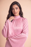 High neck close up on the Camille pink velvet dress