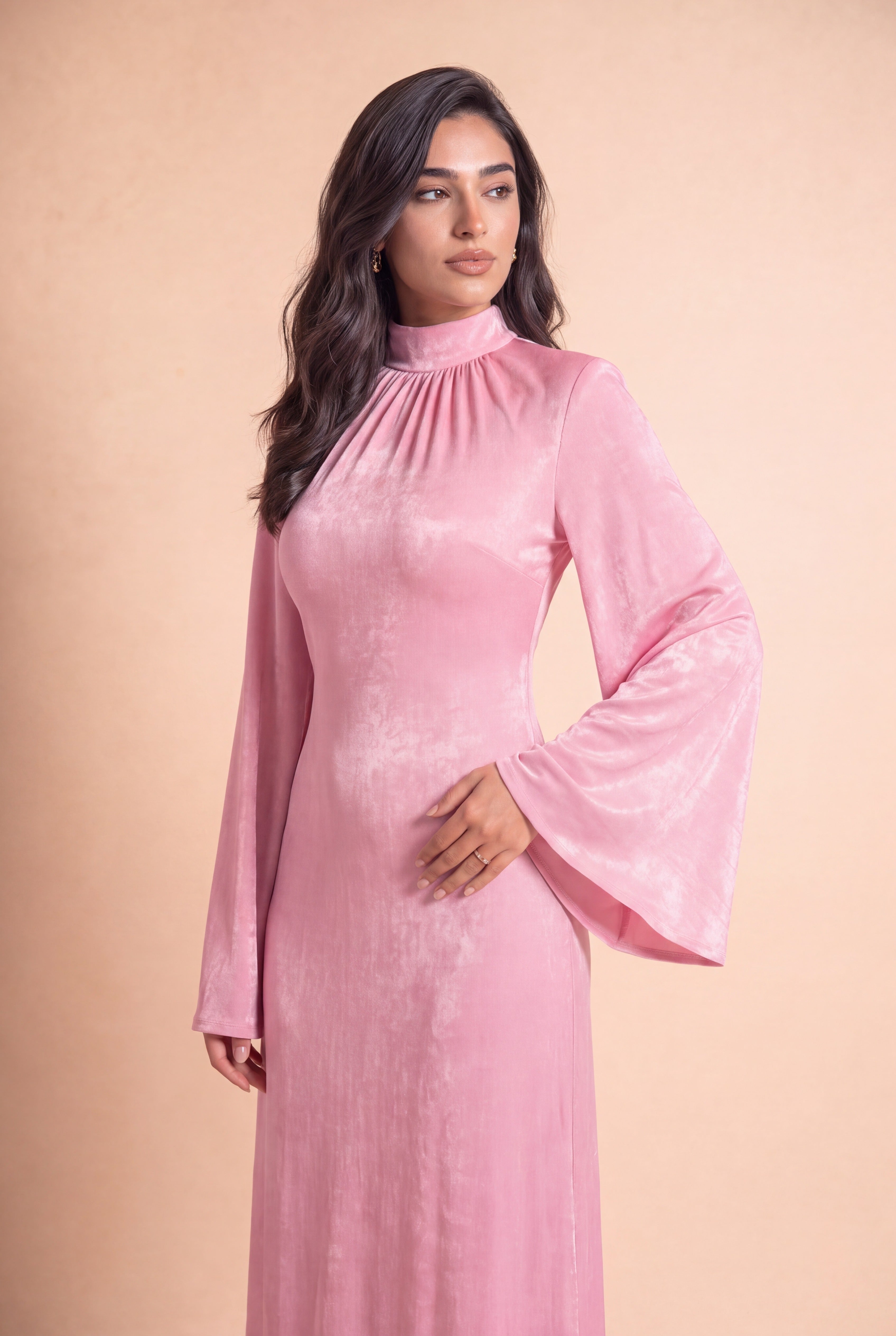 Camille Pink Modest Velvet Evening Dress