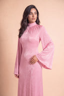 Editorial portrait in the Camille pink velvet evening dress with sleeves