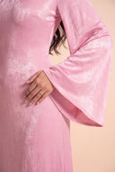Close up of the smooth short pile velvet on the Camille pink modest dress