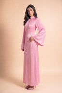 Mystic Modesty Camille pink modest evening dress with wide bell sleeves – alternate three-quarter front view