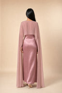Mystic Modesty Chiffon Dream modest evening dress in blush pink, back view, flowing chiffon cape over floor-length satin