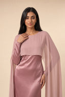 Mystic Modesty Chiffon Dream blush pink modest evening dress, bodice and neckline close-up showing chiffon cape detail
