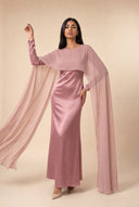 Mystic Modesty Chiffon Dream blush pink modest evening gown, editorial power pose, flowing chiffon cape and satin slip