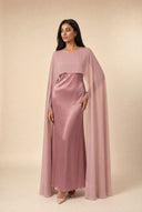 Mystic Modesty Chiffon Dream blush pink modest evening dress, quiet editorial moment, full-length satin with chiffon cape