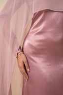 Mystic Modesty Chiffon Dream blush pink evening dress, fabric and jewelry macro, glossy satin sheen and sheer chiffon