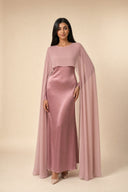 Mystic Modesty Chiffon Dream modest evening dress in blush pink, full-length front view, satin slip with sheer chiffon cape