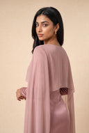 Mystic Modesty Chiffon Dream blush pink modest evening dress, over-shoulder back portrait, draped chiffon cape detail