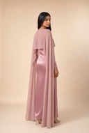 Mystic Modesty Chiffon Dream blush pink modest evening dress, three-quarter back, draped chiffon cape and floor-length satin