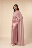 Mystic Modesty Chiffon Dream blush pink modest evening gown, three-quarter front, long sleeves, satin slip with chiffon cape