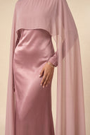 Mystic Modesty Chiffon Dream blush pink modest evening gown, waist and jewelry detail, glossy satin and delicate bracelet