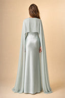 Mystic Modesty Chiffon Dream modest evening dress in mint green, back view, flowing chiffon cape over floor-length satin