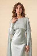 Mystic Modesty Chiffon Dream mint green modest evening dress, bodice and neckline close-up showing chiffon cape detail