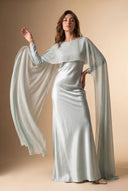 Mystic Modesty Chiffon Dream mint green modest evening gown, editorial power pose, flowing chiffon cape and satin slip