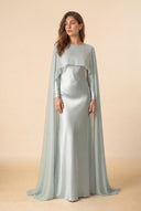 Mystic Modesty Chiffon Dream mint green modest evening dress, quiet editorial moment, full-length satin with chiffon cape
