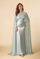 Mystic Modesty Chiffon Dream modest evening dress in mint green, full-length front view, satin slip with sheer chiffon cape