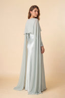 Mystic Modesty Chiffon Dream mint green modest evening dress, three-quarter back, draped chiffon cape and floor-length satin
