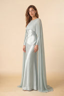 Mystic Modesty Chiffon Dream mint green modest evening gown, three-quarter front, long sleeves, satin slip with chiffon cape