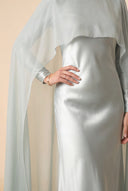 Mystic Modesty Chiffon Dream mint green modest evening gown, waist and jewelry detail, glossy satin and delicate bracelet