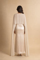Mystic Modesty Chiffon Dream modest evening dress in soft beige, back view, flowing chiffon cape over floor-length satin
