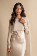 Mystic Modesty Chiffon Dream soft beige modest evening dress, bodice and neckline close-up showing chiffon cape detail