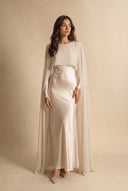 Mystic Modesty Chiffon Dream soft beige modest evening dress, quiet editorial moment, full-length satin with chiffon cape