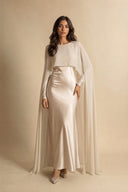 Mystic Modesty Chiffon Dream modest evening dress in soft beige, full-length front view, satin slip with sheer chiffon cape