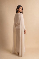 Mystic Modesty Chiffon Dream soft beige modest evening dress, three-quarter back, draped chiffon cape and floor-length satin