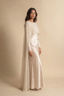 Mystic Modesty Chiffon Dream soft beige modest evening gown, three-quarter front, long sleeves, satin slip with chiffon cape